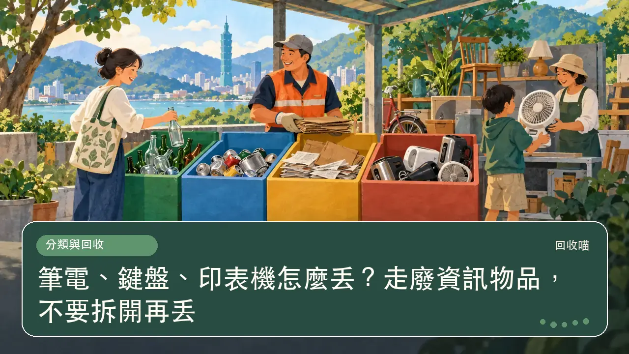 筆電、鍵盤、印表機怎麼丟?走廢資訊物品,不要拆開再丟主題插畫