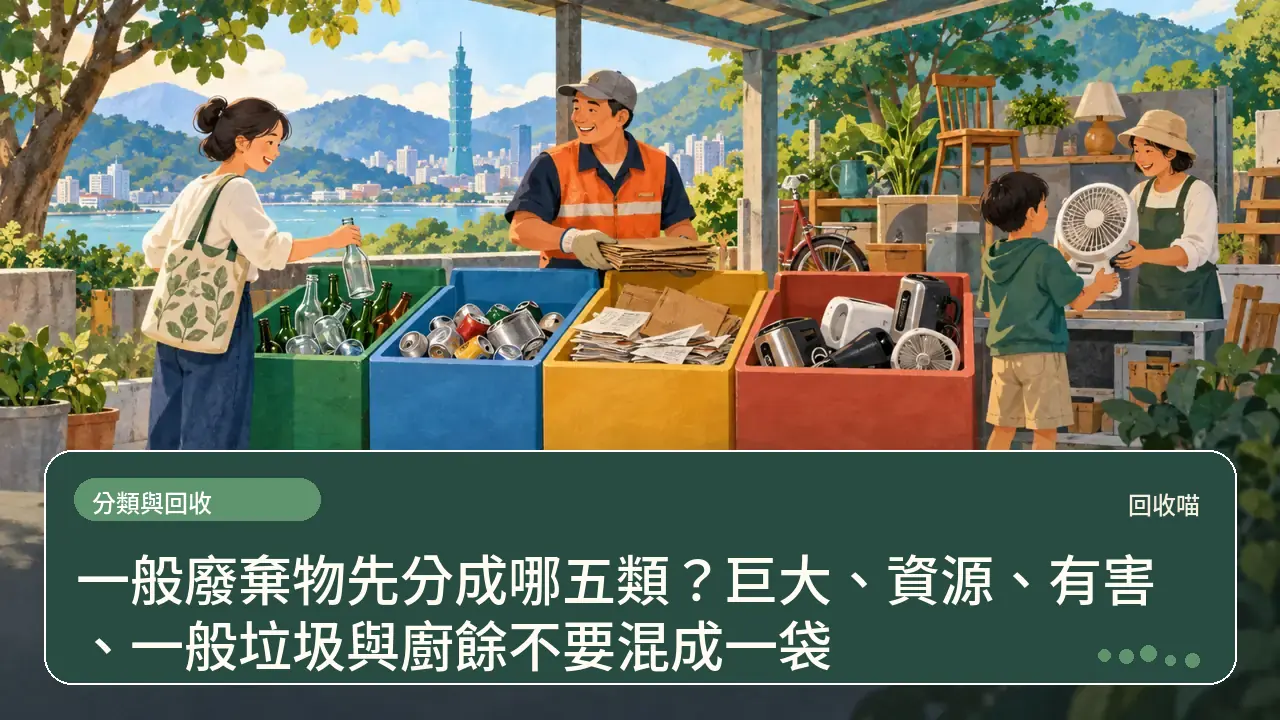 一般廢棄物先分成哪五類？巨大、資源、有害、一般垃圾與廚餘不要混成一袋主題插畫