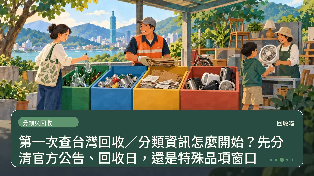 第一次查台灣回收/分類資訊怎麼開始?先分清官方公告、回收日,還是特殊品項窗口主題插畫