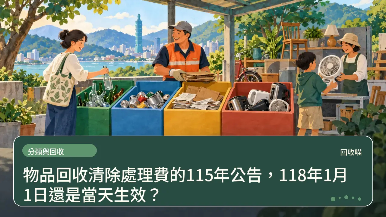 物品回收清除處理費的115年公告,118年1月1日還是當天生效?主題插畫