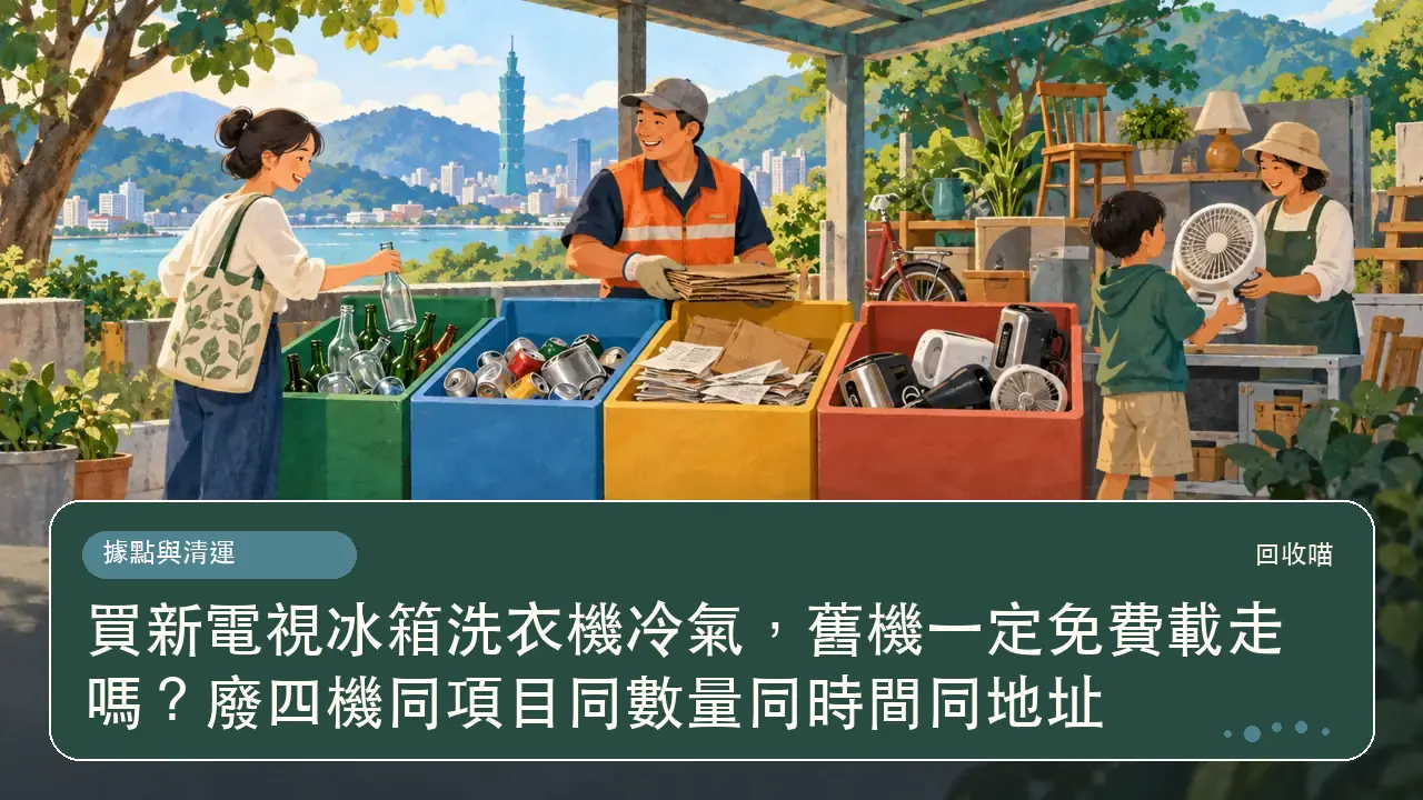 買新電視冰箱洗衣機冷氣，舊機一定免費載走嗎？廢四機同項目同數量同時間同地址主題插畫