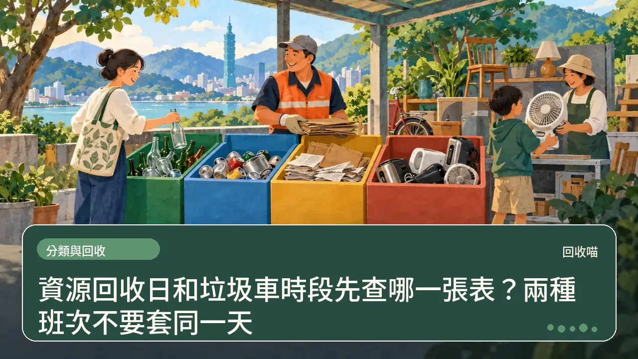 資源回收日和垃圾車時段先查哪一張表？兩種班次不要套同一天主題插畫