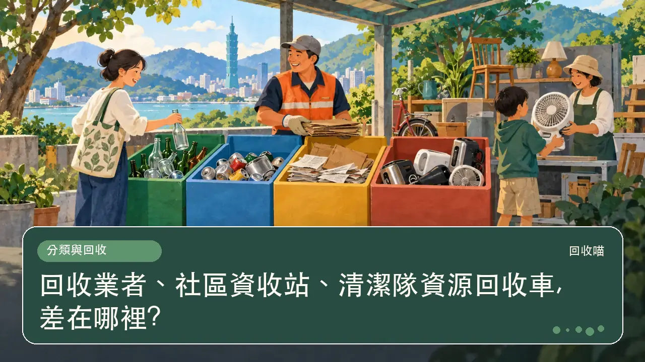 回收業者、社區資收站、清潔隊資源回收車,差在哪裡?主題插畫