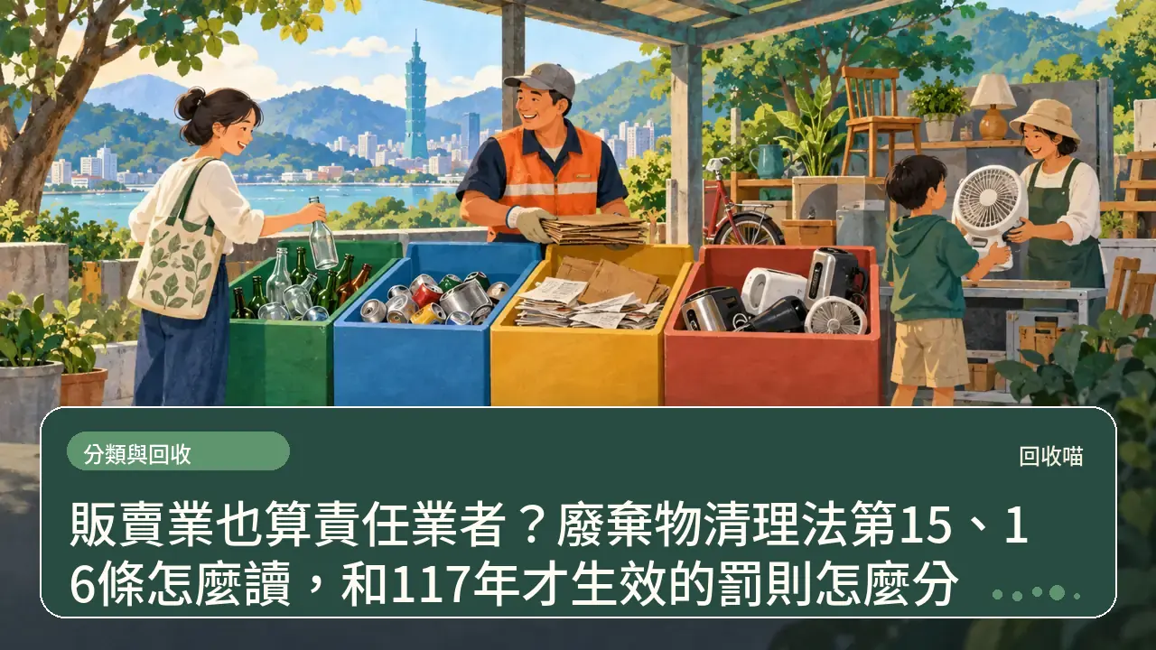 販賣業也算責任業者?廢棄物清理法第15、16條怎麼讀,和117年才生效的罰則怎麼分主題插畫