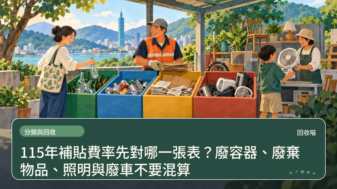 115年補貼費率先對哪一張表?廢容器、廢棄物品、照明與廢車不要混算主題插畫